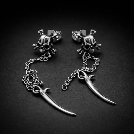 red eyes skull and crossbones 3 inch dangle earrings