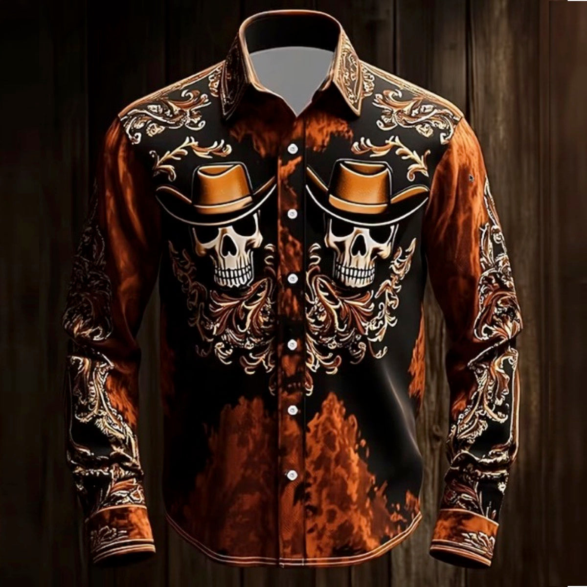 Men's Western Cowboy Skull & Flames Button Down Shirt (#xxxl)