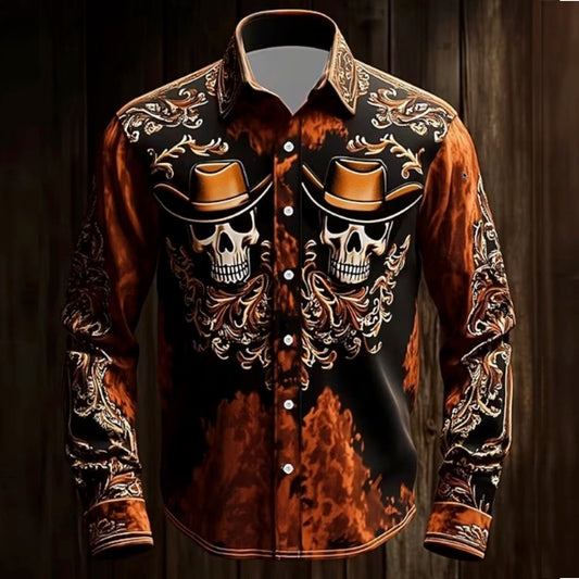 Men's Western Cowboy Skull & Flames Button Down Shirt (#xxxl)