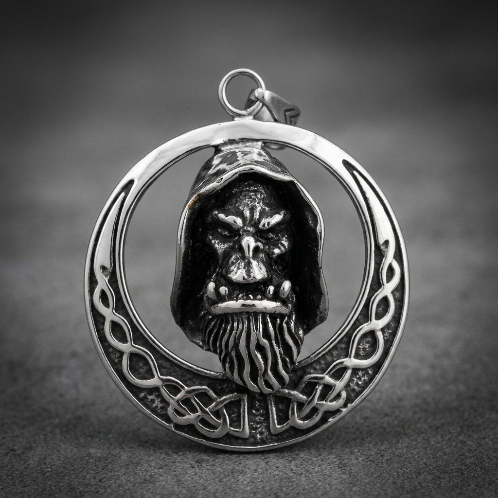 Refined Grim Oracle pendant in 316L stainless steel, featuring a hooded, bearded oracle head within a detailed Celtic knotwork crescent moon design, dark oxidized finish.
