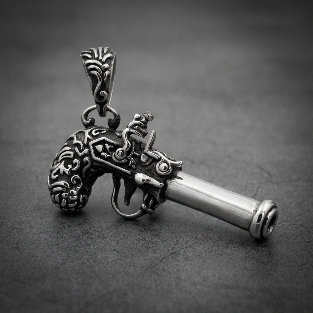 Highly detailed 316L stainless steel pistol pendant with ornate handle detailing and polished barrel.