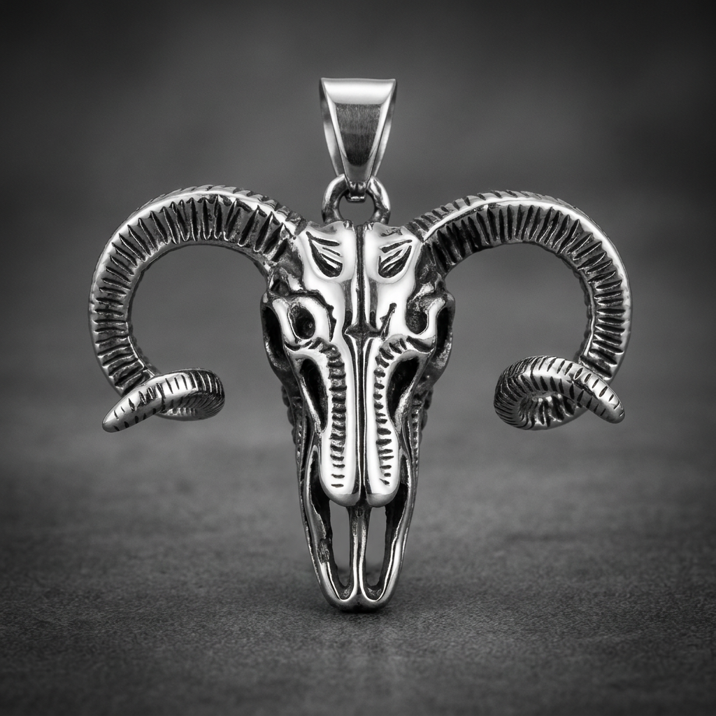 A heavy 316L stainless steel ram skull pendant with detailed curved horns and dark oxidized finish