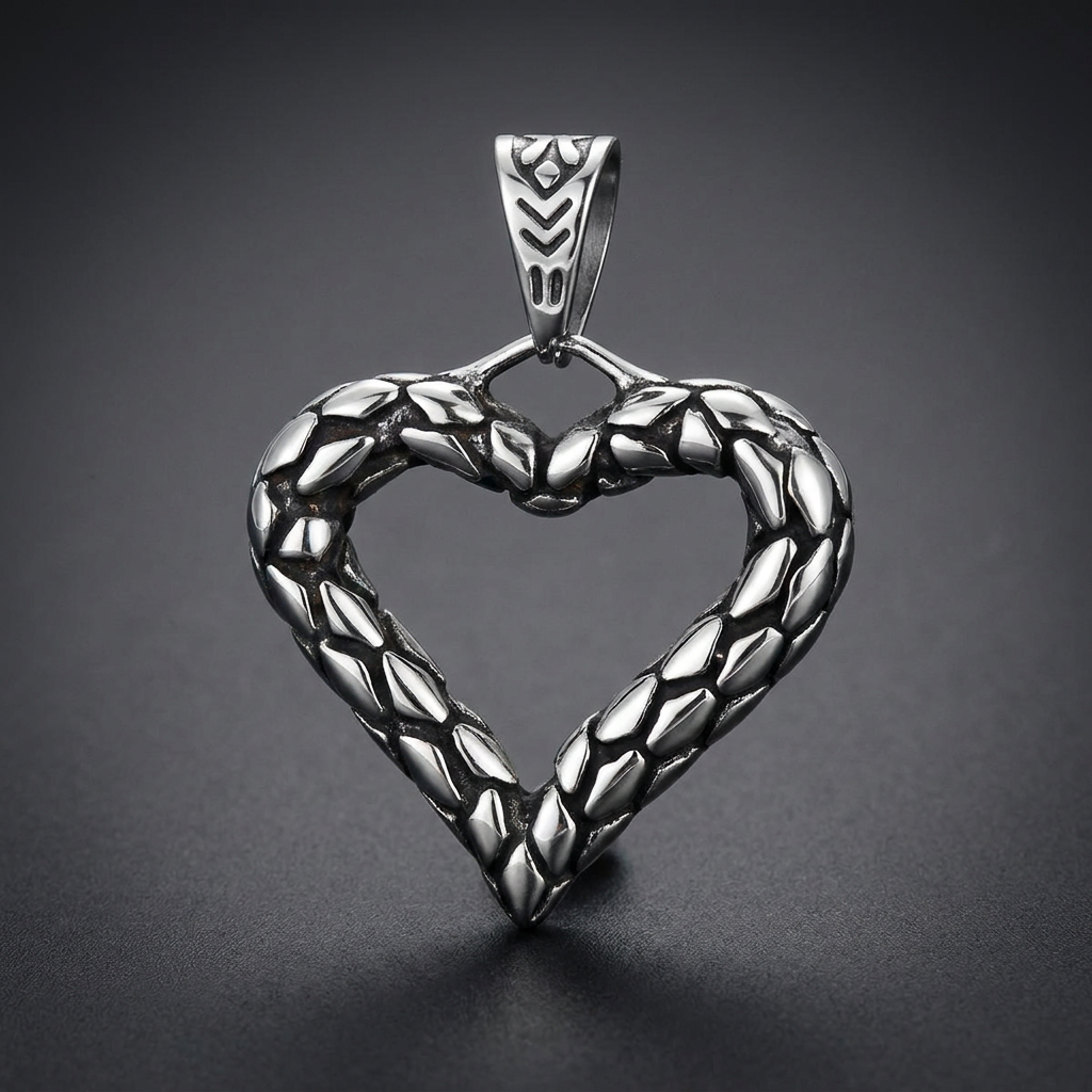 Scale textured heart shaped pendant made from bright 316L surgical stainless steel with an etched bail