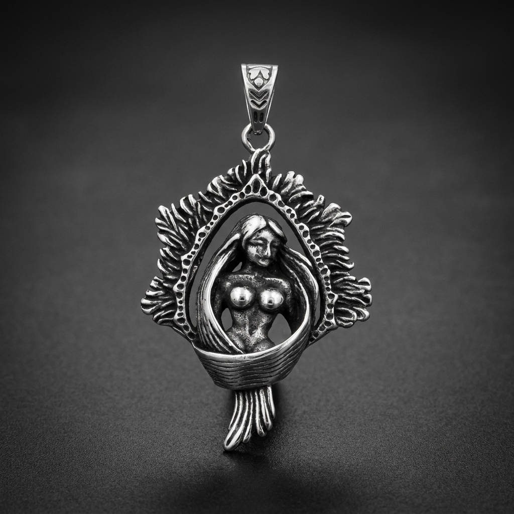 Refined Siren stainless steel pendant with detailed feminine figure and ornate frame