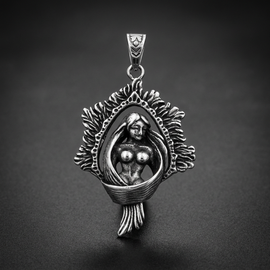 Refined Siren stainless steel pendant with detailed feminine figure and ornate frame