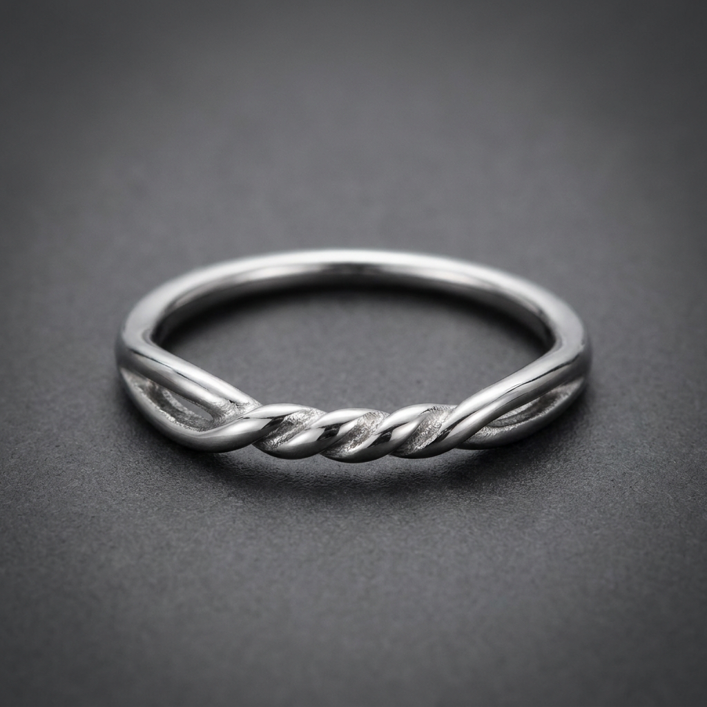 A close-up of a silver-toned 316L surgical stainless steel ring, featuring a twisted braid design on one half of the band and a smooth, polished finish on the other. The ring is solid-back for durability.