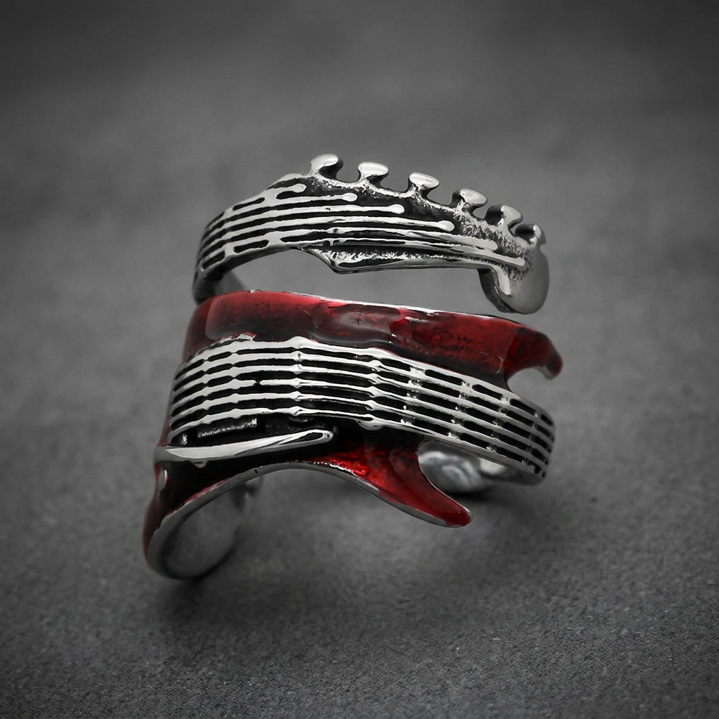 Reflex Guitar Ring, 316L stainless steel ring with red enamel and etched fretboard detail, HardKnocker style