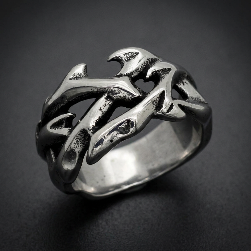 Wide 316L surgical stainless steel ring with an abstract, organic wave-like or flame-like pattern, featuring dark oxidized details against a polished silver finish.