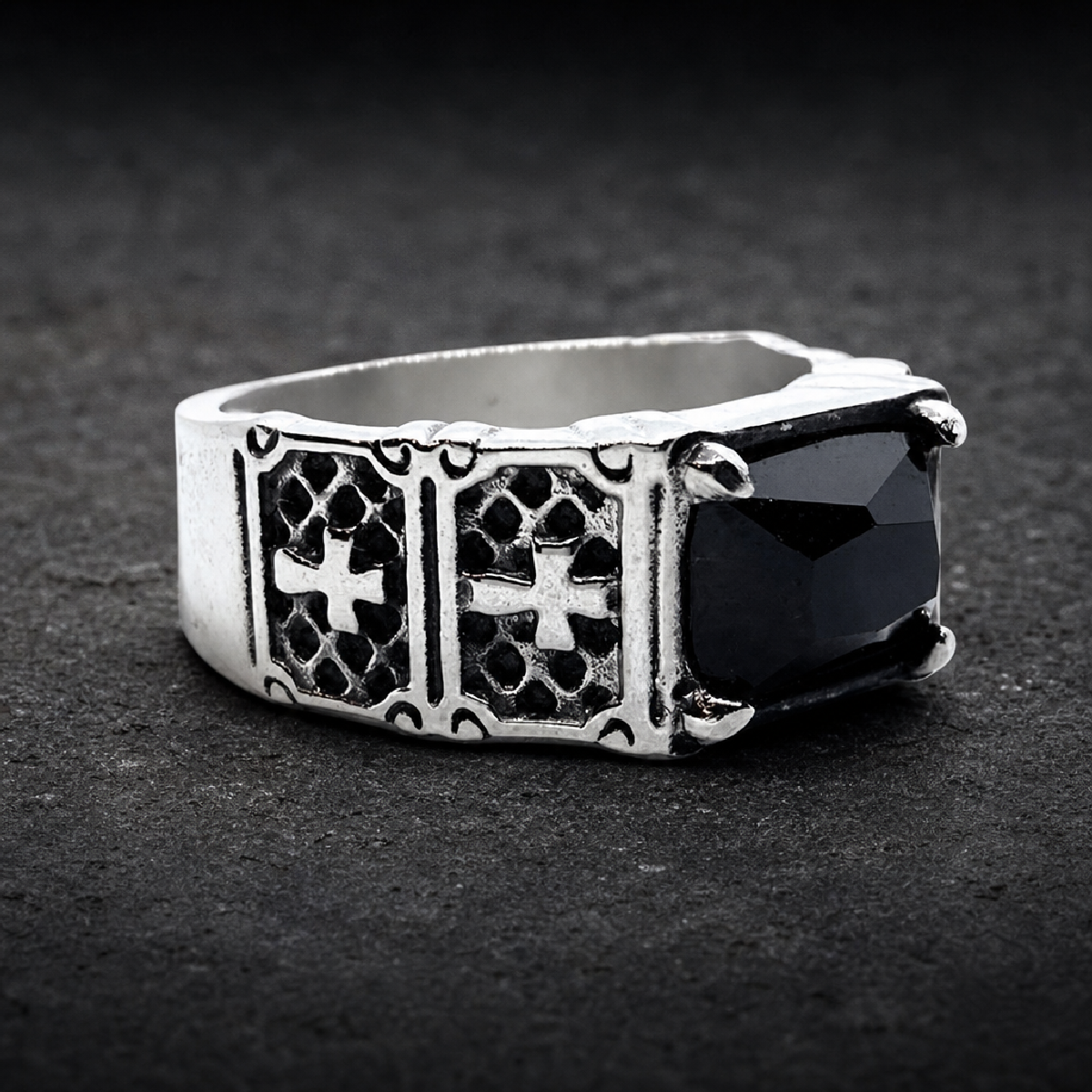 Return of the "Gypsy Queen" Faceted Rectangle Onyx Gem Stainless Steel Ring with Crosses - 316L stainless steel unisex jew…