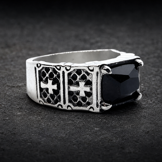 Return of the "Gypsy Queen" Faceted Rectangle Onyx Gem Stainless Steel Ring with Crosses - 316L stainless steel unisex jew…