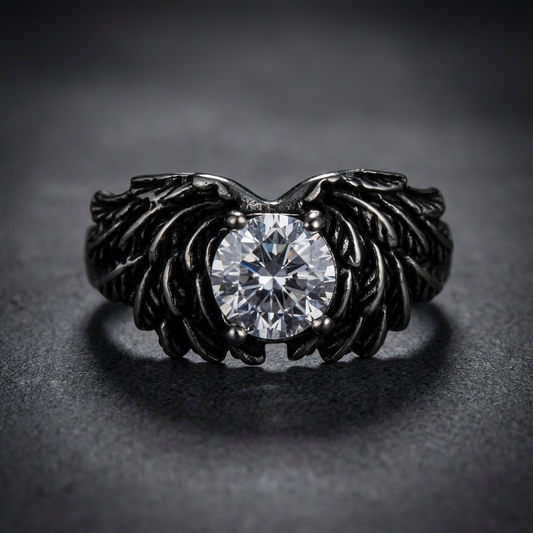 Rebel Wing Gem 316L surgical stainless steel biker ring with gem center, representing freedom and rebellion for untamed spirits.