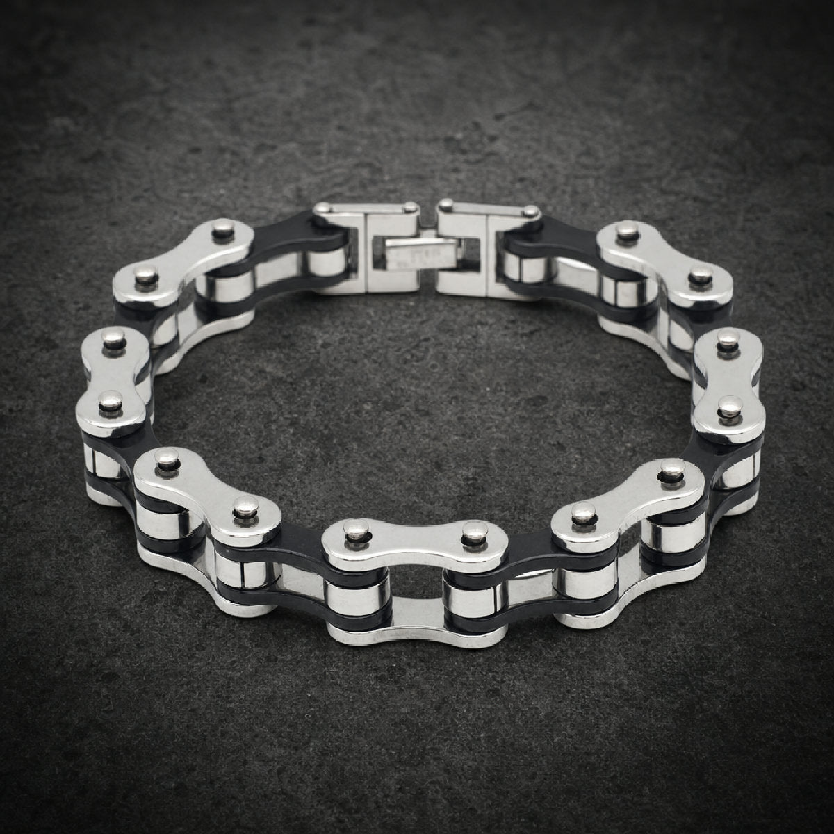 Heavy 316L stainless steel motorcycle chain link bracelet with fold-over clasp.