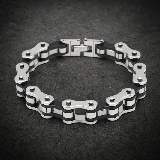 Heavy 316L stainless steel motorcycle chain link bracelet with fold-over clasp.
