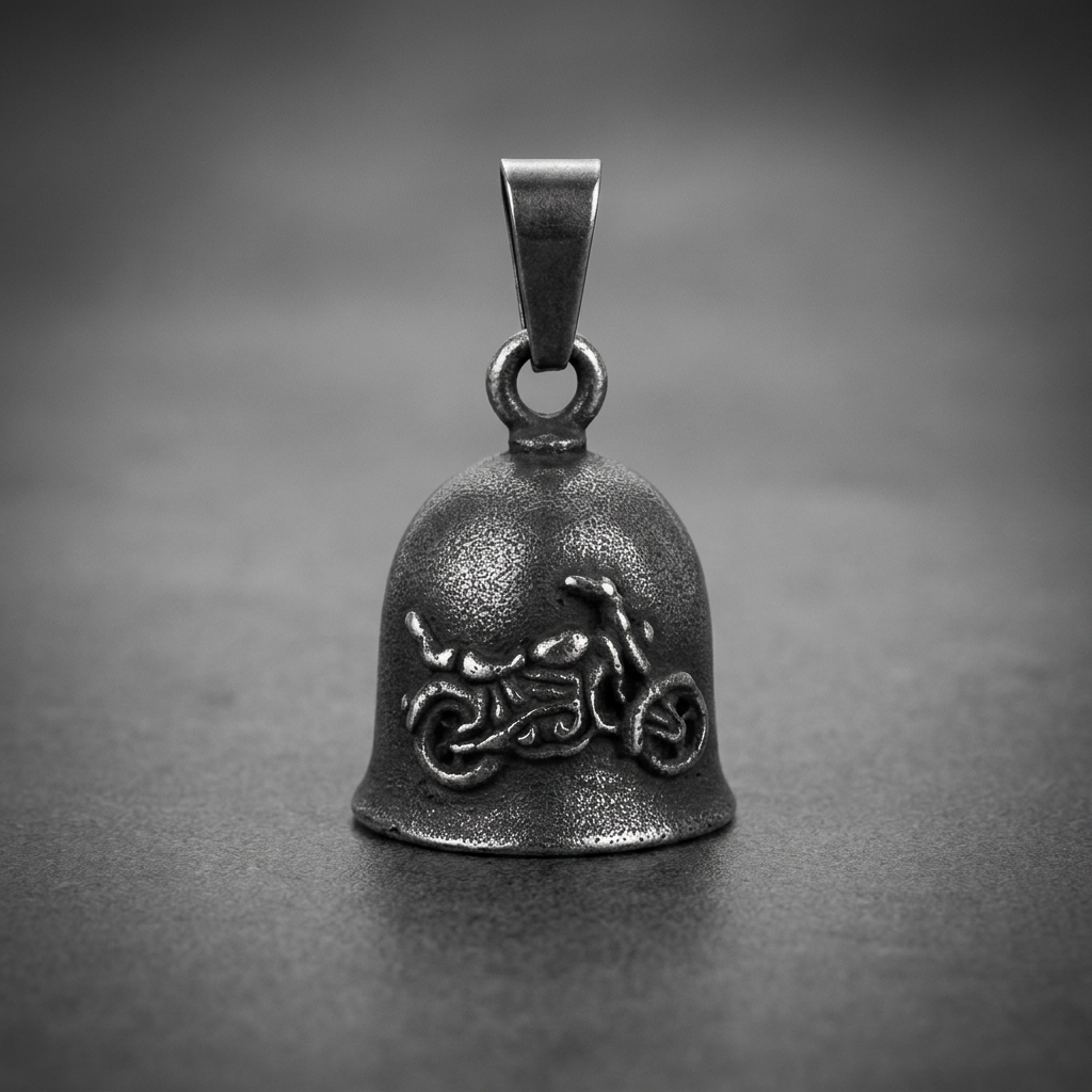 Heavy 316L surgical-grade stainless steel biker bell with an embossed motorcycle motif, dark antiqued finish, and sturdy bail.