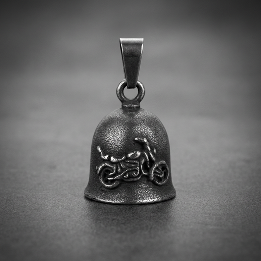 Heavy 316L surgical-grade stainless steel biker bell with an embossed motorcycle motif, dark antiqued finish, and sturdy bail.