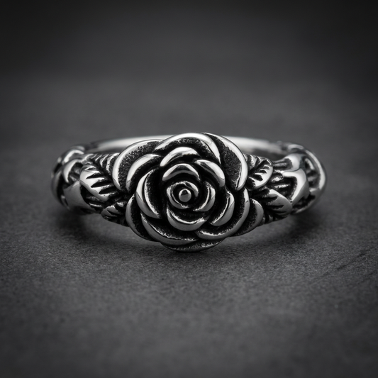 Renegade Bloom 316L stainless steel ring with dark rose design and oxidized gothic accents
