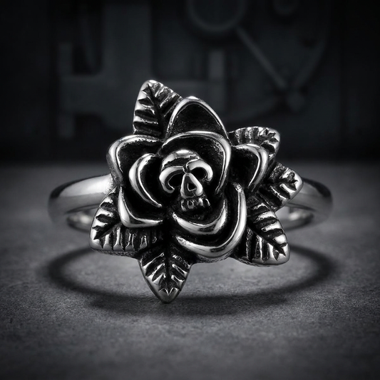 Thorn Rose Skull Ring crafted from 316L stainless steel, featuring a prominent skull emerging from a thorny rose design.