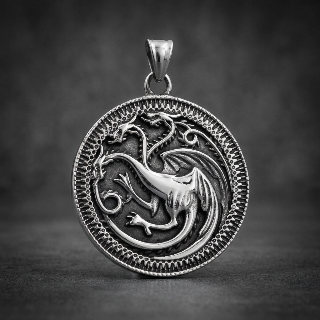 Royal Hydra three-headed dragon motif 316L stainless steel circular pendant with ornate border