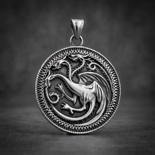Royal Hydra three-headed dragon motif 316L stainless steel circular pendant with ornate border