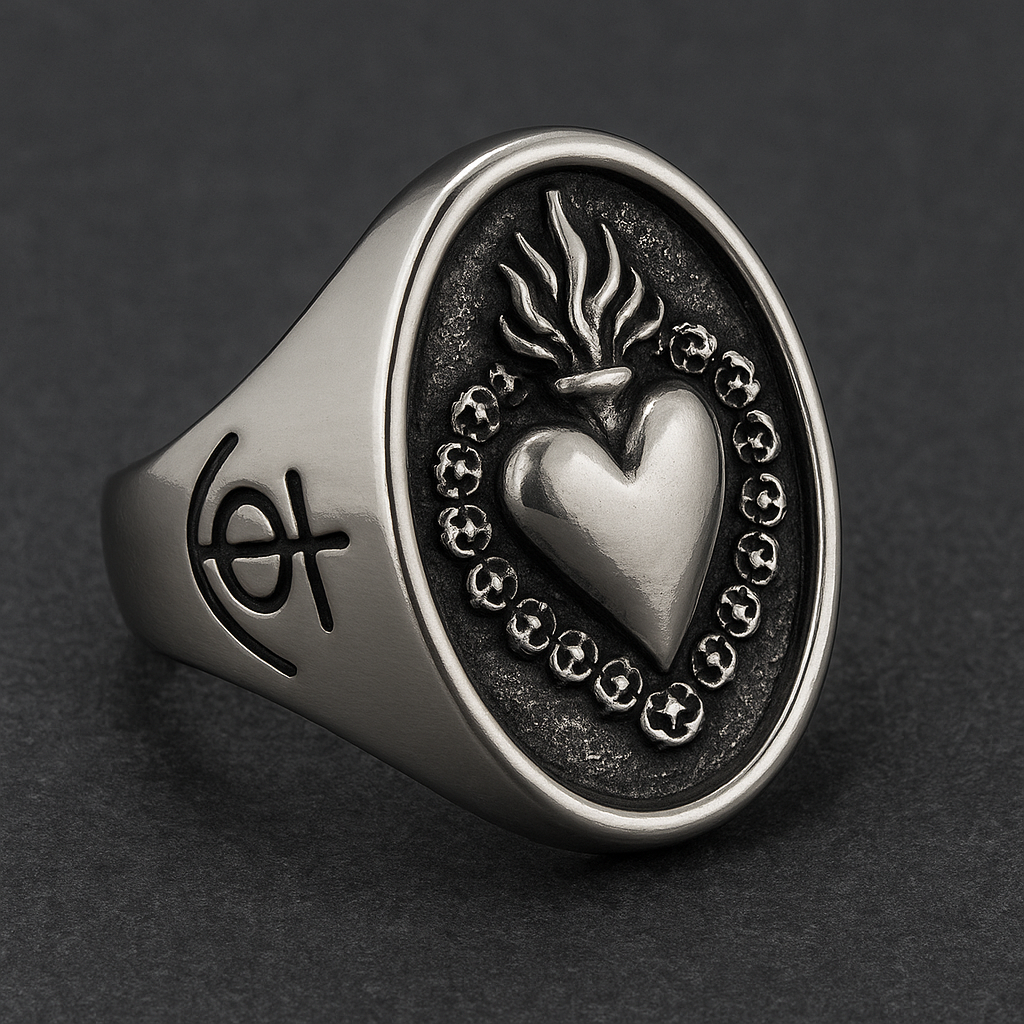 Eternal Flame Sigil Ring showcasing a heart in flames design carved into 316L stainless steel.