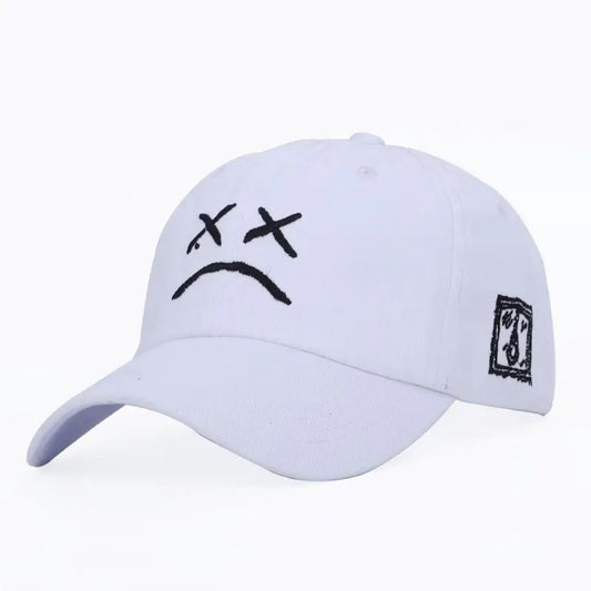 sad face baseball cap white