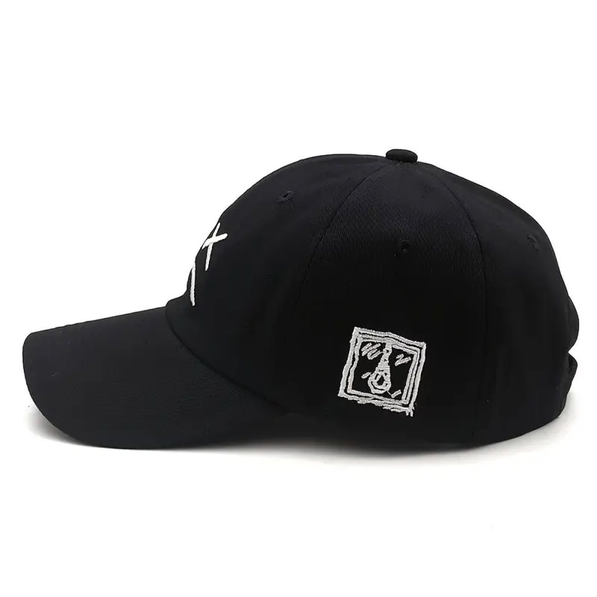sad face black baseball cap - left side