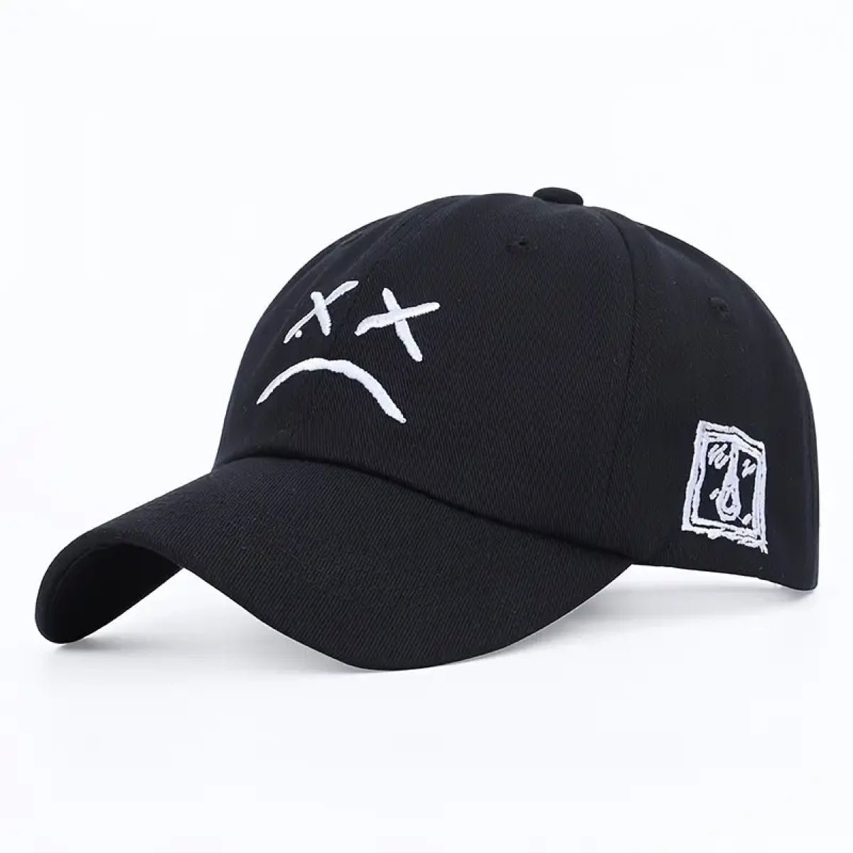 sad face black baseball cap