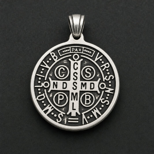 316L stainless steel Saint Benedict medallion pendant with raised Latin letters and black antiqued recessed cross