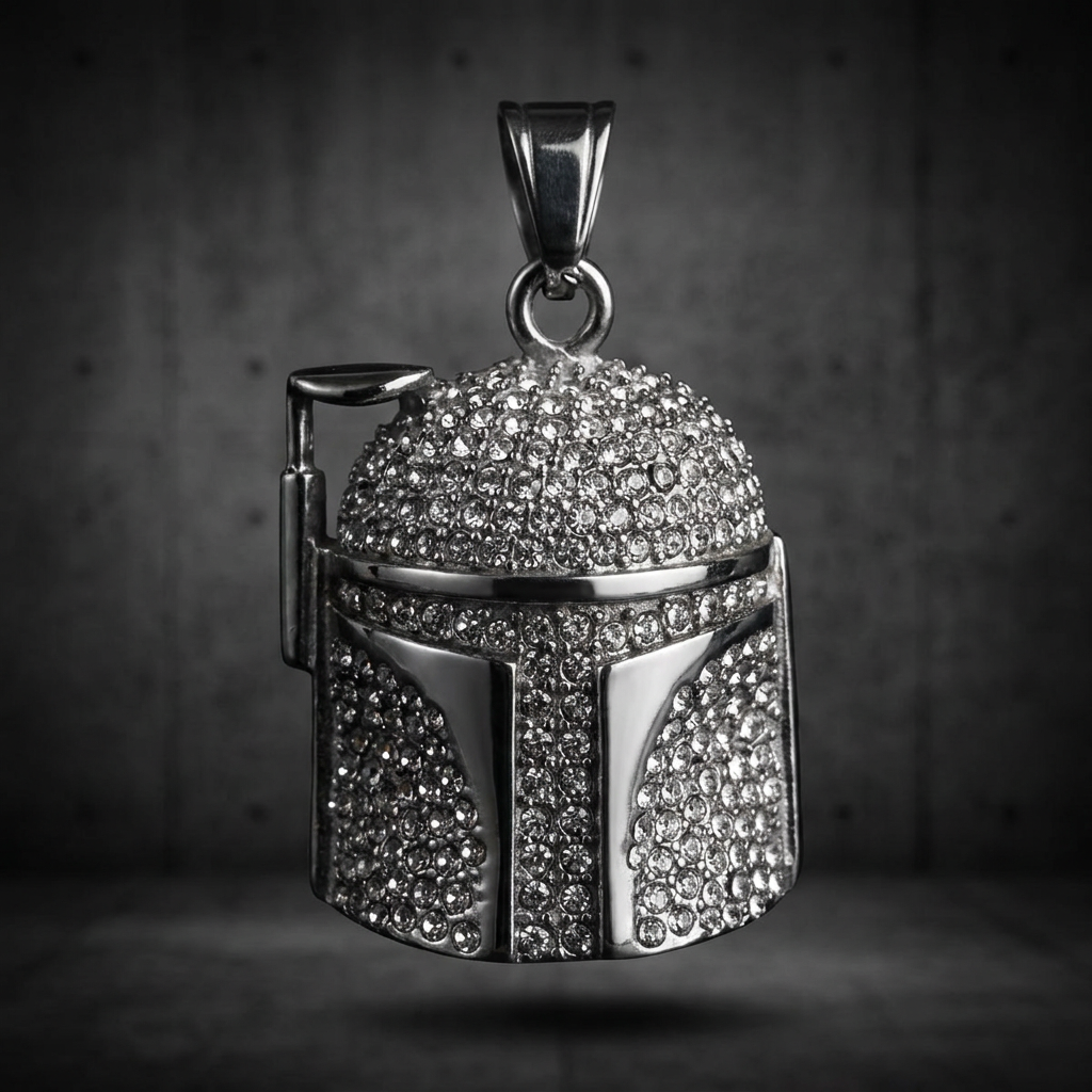 Silver 316L stainless steel modern sci-fi helmet pendant, completely iced out with sparkling gemstones.