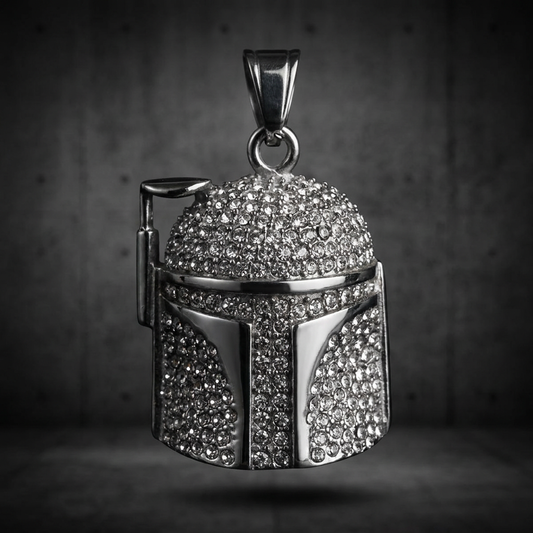 Silver 316L stainless steel modern sci-fi helmet pendant, completely iced out with sparkling gemstones.