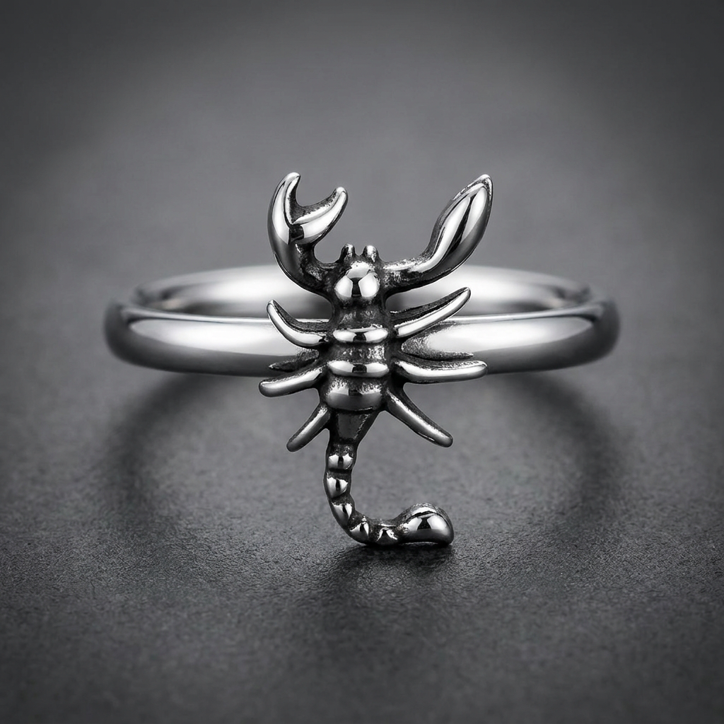 Scorpion HardKnocker 316L stainless steel ring, featuring a detailed, textured scorpion with prominent claws and a curled, barbed tail, set on a smooth, wide band, against a light, reflective background.