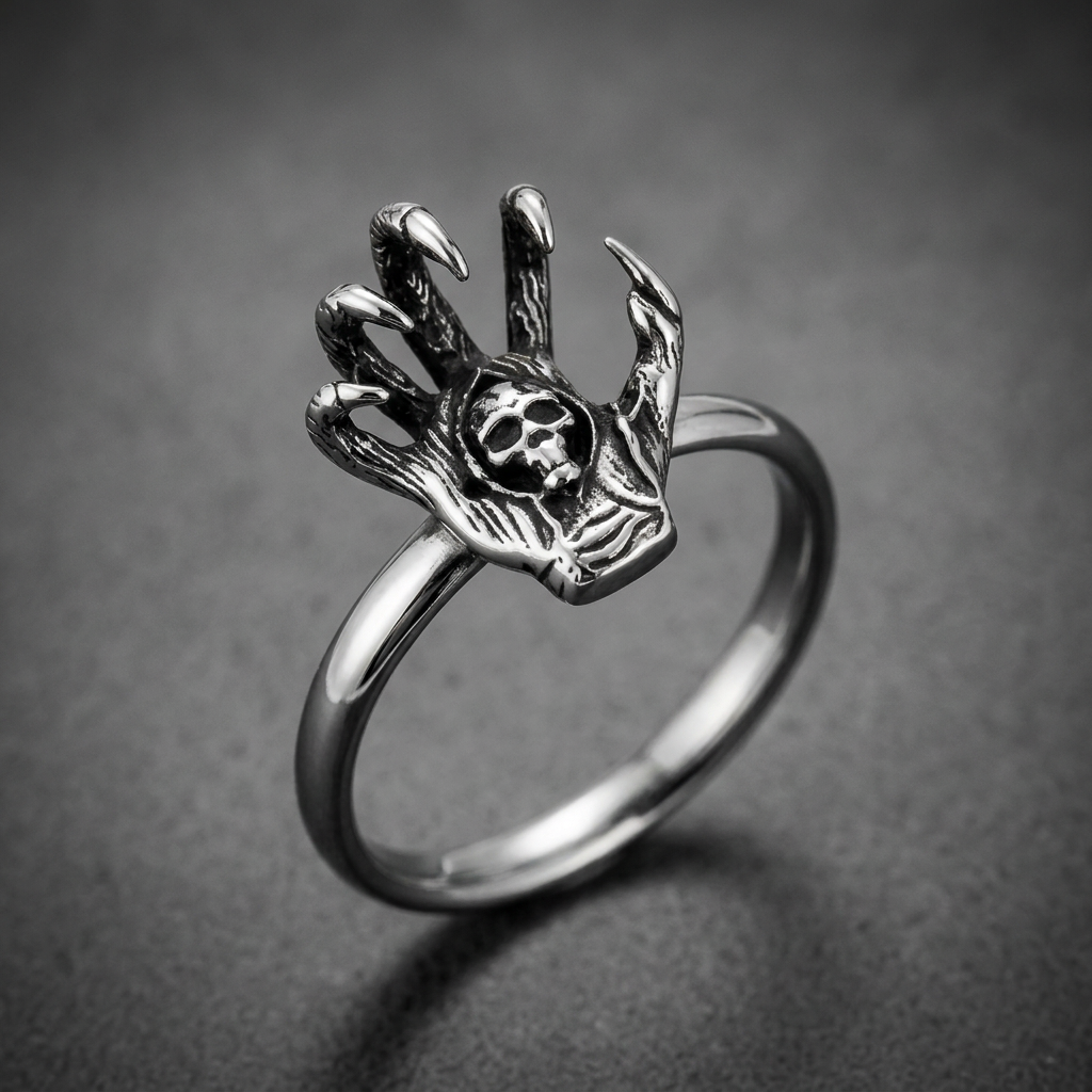 Shadow Hand Ring crafted from dark 316L stainless steel, featuring a skeletal hand with sharp claws gripping a detailed skull, set against a white background.