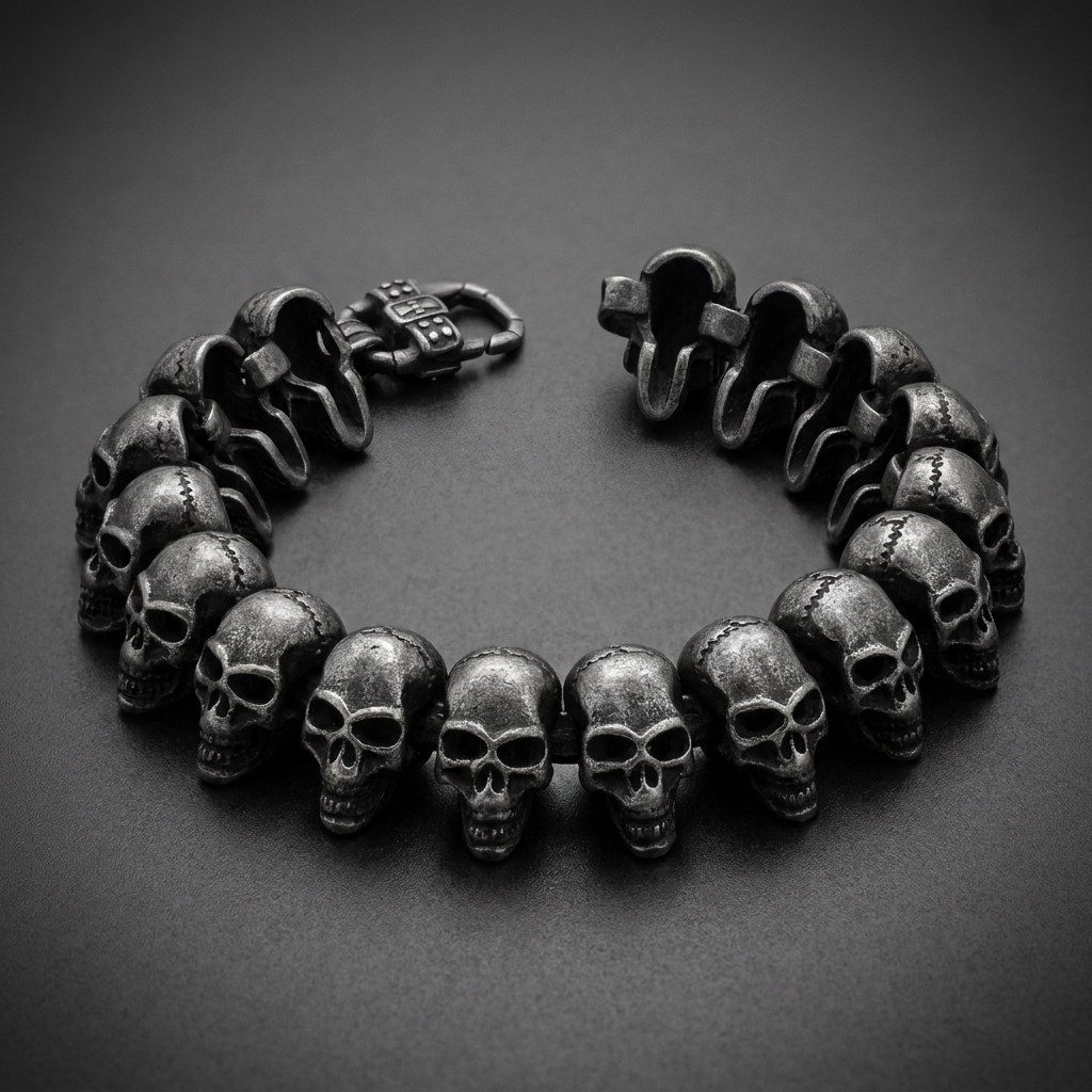 Antique silver 316L stainless steel bracelet featuring a continuous line of detailed skull links with pronounced sutures, secured by a textured clasp.