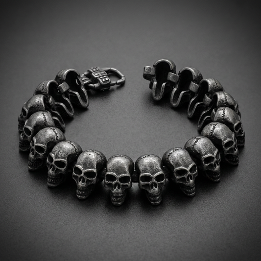 Antique silver 316L stainless steel bracelet featuring a continuous line of detailed skull links with pronounced sutures, secured by a textured clasp.
