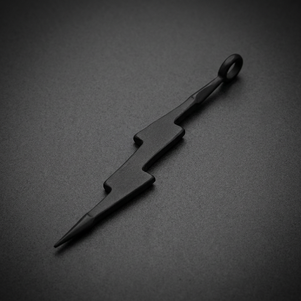 Matte black lightning bolt pendant made from 316L stainless steel, featuring sharp angles and a pointed tip.