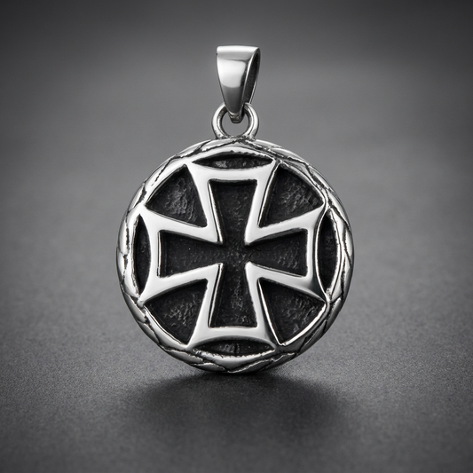 Circular 316L stainless steel pendant with a prominent embedded cross design and textured border, silver finish.