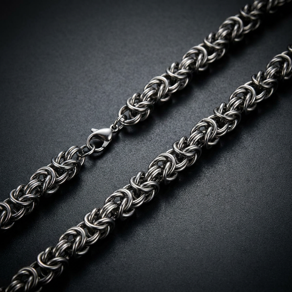 A close-up of the King's Wrath Chain, a heavy and textured 316L stainless steel Byzantine-style necklace, showcasing its powerful and aggressive design.