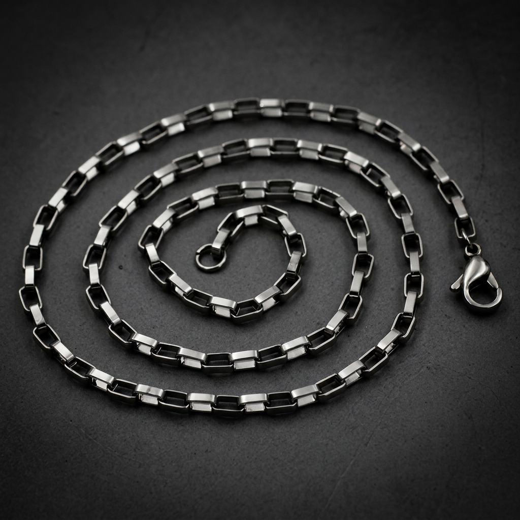 Eternal Box Chain necklace made of polished 316L surgical-grade stainless steel with classic box links, lying on a dark background.