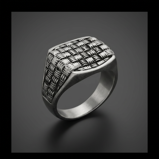 Iron Weave Ring, 316L stainless steel, intricate woven design, masculine jewelry, bold men's ring, dark metal band