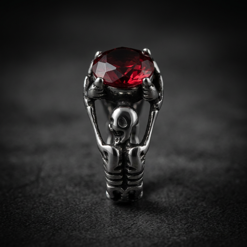 Scheletro Rubino ring, polished 316L surgical-grade stainless steel with a detailed skeletal design and a prominent ruby-red faceted stone.