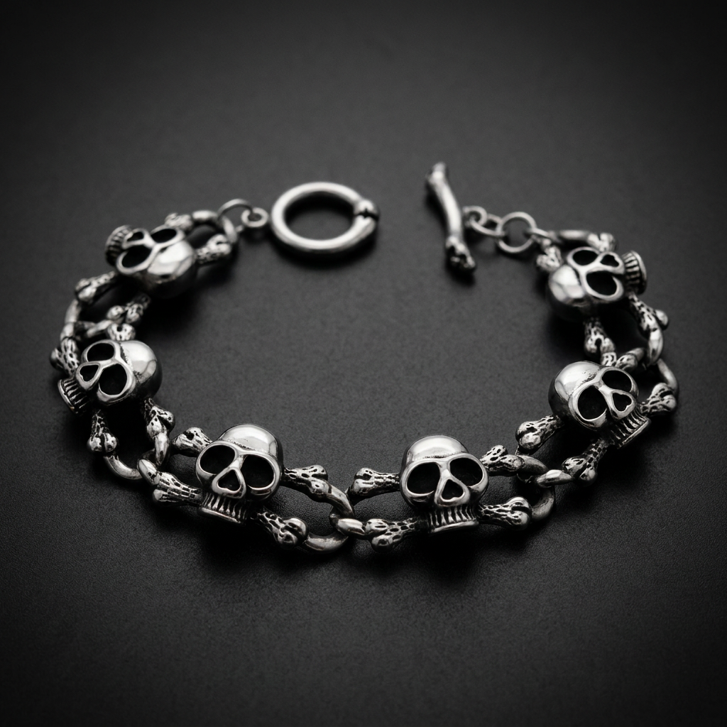 Plunder the Booty Skull Link Bracelet in polished 316L stainless steel, featuring numerous skull and bone links