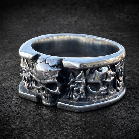 Skull Band Ring w/Roses - 316L stainless steel unisex jewelry (R0333)