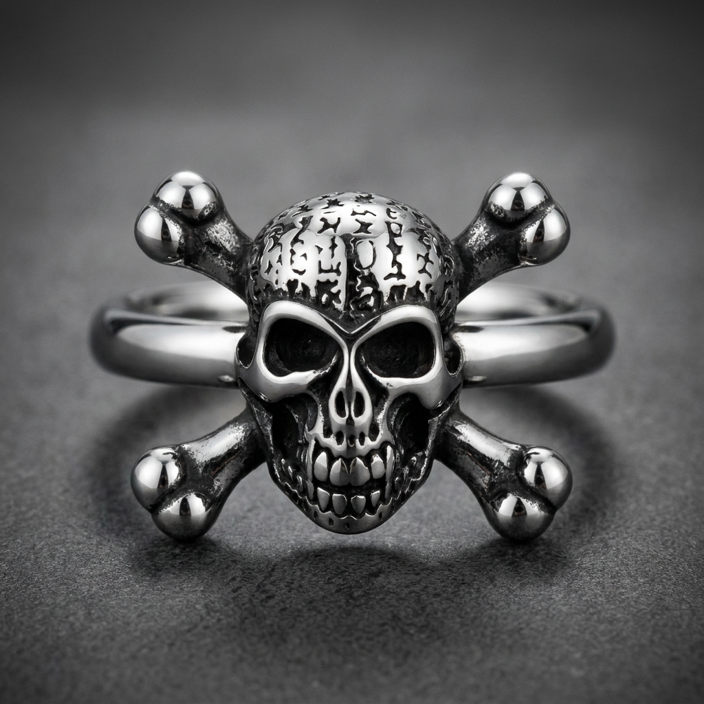 A 316L stainless steel unisex ring featuring a bold skull and crossbones motif. The skull has dark eye sockets and a textured cranium, resting on polished crossbones, all in a silver finish.