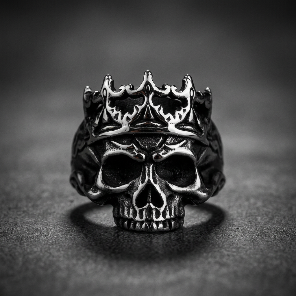 Grim Dark Crownskull ring in 316L stainless steel, featuring an intricately carved dark skull with a menacing crown, depicted with a deep, shadowed aesthetic.