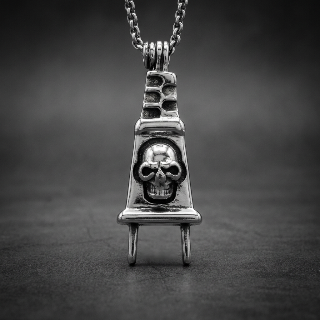 High Voltage Reaper pendant featuring a formidable skull carved into a stylized electric plug design, crafted from polished 316L stainless steel.