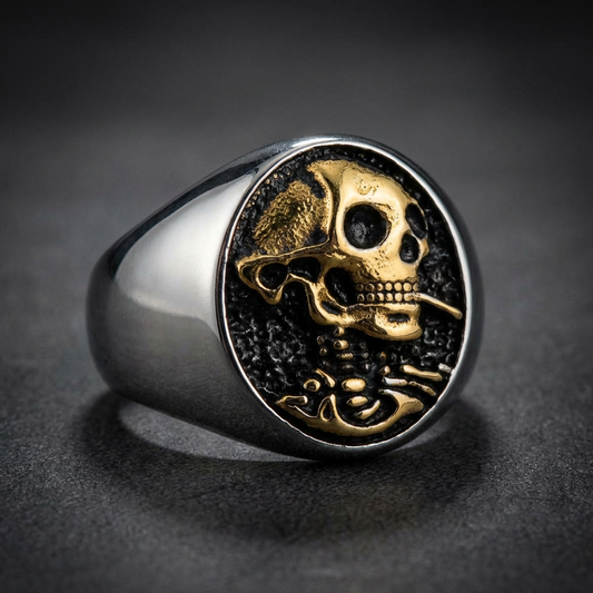 Shadow Grim Hobo Coin Skull Ring forged from 316L stainless steel, featuring a grim hobo coin carved skull against a dark, textured background.