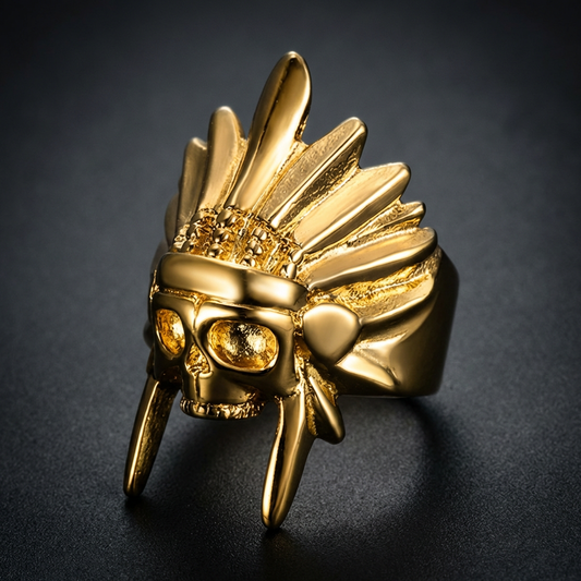 Washakie Indian Warrior Gold-Tone Skull Ring on a dark background, showcasing its intricate skull details and luminous gold-tone finish.