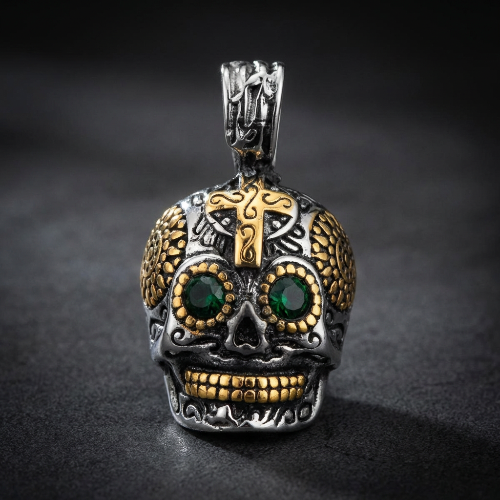 Calavera Green Pendant, detailed 316L stainless steel skull pendant with vibrant green accents, worn on a chain against a dark background.