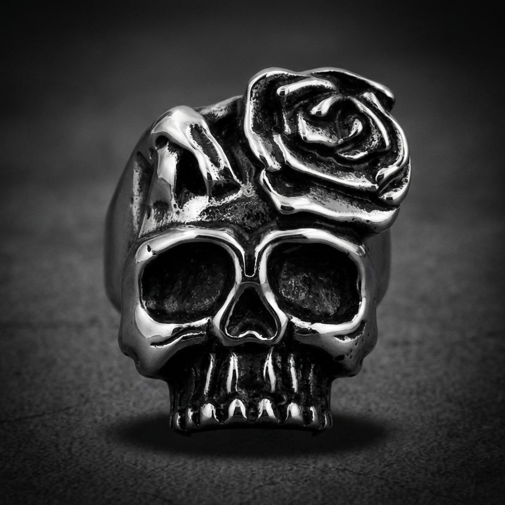 Nightrose Skull Ring in 316L stainless steel, featuring a prominent skull intertwined with a dark, thorny rose design from SkullJewelry.com