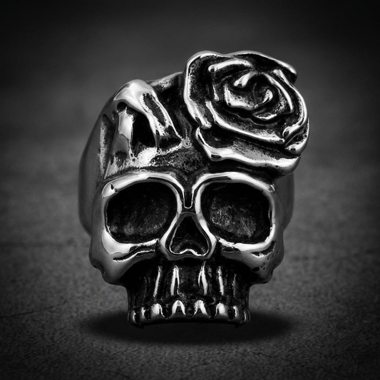 Nightrose Skull Ring in 316L stainless steel, featuring a prominent skull intertwined with a dark, thorny rose design from SkullJewelry.com